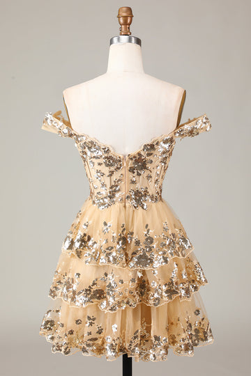 Golden Sparkly Corset Tiered Lace A-Line Short Graduation Dress